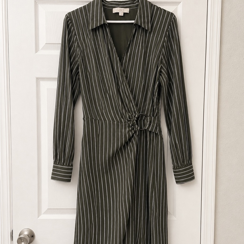 LOFT Olive Striped Long Sleeve Dress